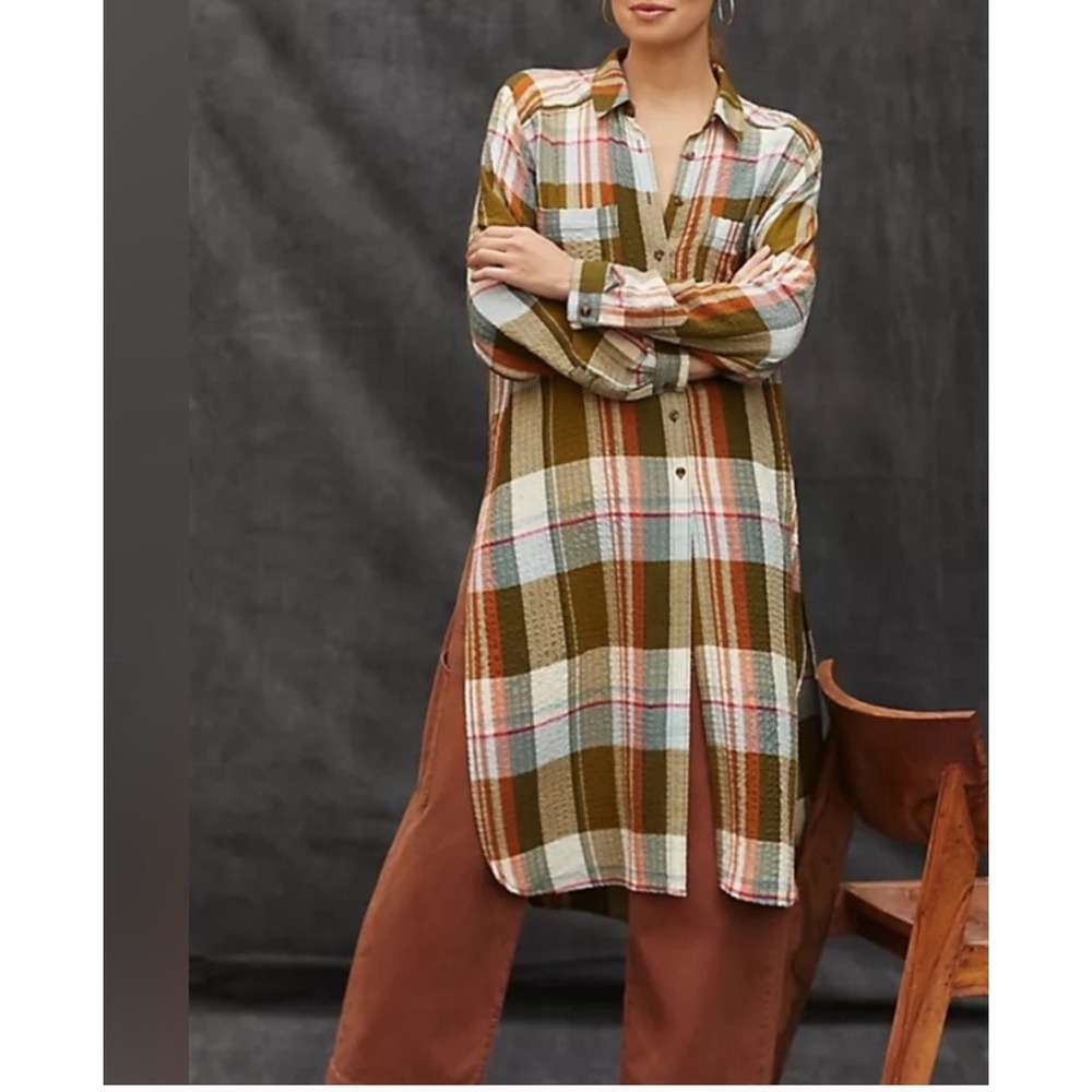Pilcro Anthropologie Side-Slit Maxi
Tunic Plaid Button down Green Motif Small‎